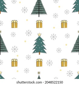 Weihnachten nahtloses Muster mit Weihnachtsbäumen, Geschenken und Schneeflocken.