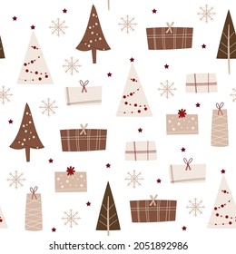 Christmas seamless pattern with trees and gifts. Vector illustration.