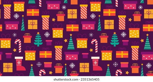 Christmas seamless pattern with Christmas trees, gifts and snowflakes. Vector festive background.