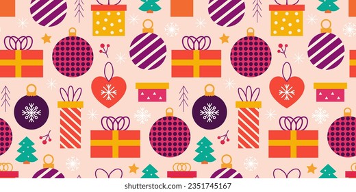 Christmas seamless pattern with Christmas trees, gifts, toys and snowflakes. Vector festive background.