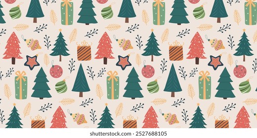 Navidades sin patrón con árboles, regalos y juguetes. Fondo de vacaciones de Año Nuevo. Vector.