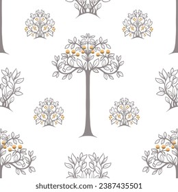 Christmas seamless pattern with  trees and gold berries. Vector