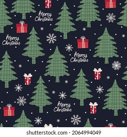 Christmas seamless pattern with trees hand drawn text and gifts in vintage style. Decorative vector holiday pattern for greeting card, wrapping paper