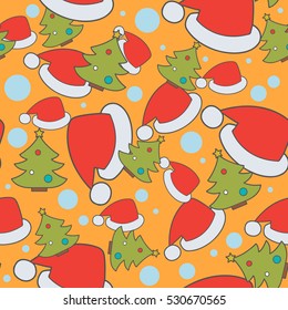 Christmas seamless pattern with Christmas trees and hats of Santa Claus. flat design