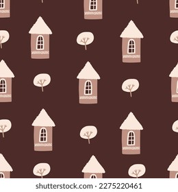 Christmas seamless pattern with trees and houses
