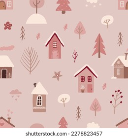 Christmas seamless pattern with trees and houses. Cute festive boho modern background. Hand drawn vector illustration. Holiday winter endless texture for wrapping paper, textile, and fabric design.