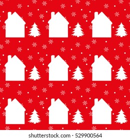 Christmas seamless pattern with trees, houses, and snowflakes.