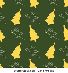 Navidades sin patrón con árboles de Navidad y la inscripción "Feliz Año Nuevo" sobre un fondo verde.