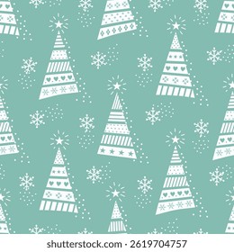 Christmas Seamless Pattern. Christmas Trees in Modern Geometric Style. Snowflakes. Trendy Holiday Abstract Design. Greeting Card, Banner, Packaging Template. Vector Illustration in Green, White