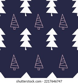 Patrón ininterrumpido de Navidad con árboles de Navidad con fondo azul oscuro.