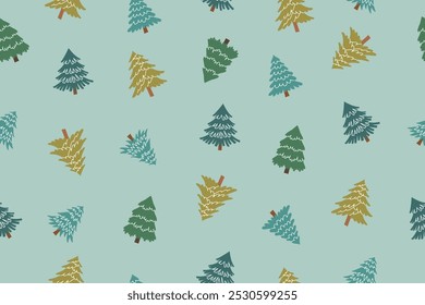 Christmas seamless pattern of Christmas trees on blue background. Christmas background. Christmas paper.