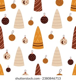 Christmas seamless pattern with Christmas trees and ornaments in boho style. Seasonal festive design. Vector illustration in flat cartoon style