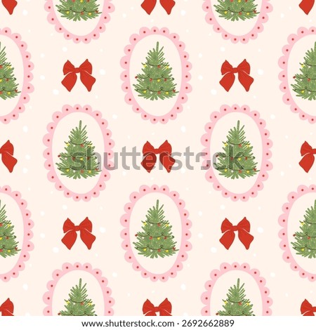 Christmas seamless pattern with Christmas trees in pink frames. Cute vintage Xmas print. Retro coquette holiday design for wrapping paper, fabric, textile, wallpaper.