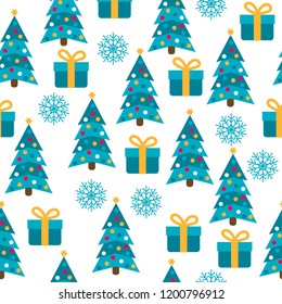 Christmas seamless pattern with Christmas trees, presents and snwflakes for Christmas background,  wrapping paper, print. Vector
