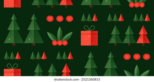 Navidades sin patrón con árboles, cajas de regalo rojas y muérdago. Fondo verde geométrico de vacaciones de invierno con bosque y mandarinas, ilustración plana de Vector con iconos de Navidades