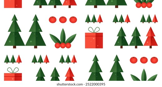 Weihnachten nahtloses Muster mit Bäumen, roten Geschenkboxen und heiligen Beeren. Winter geometrischer Feiertagshintergrund mit Wald und Mandarinen, Vektorgrafik mit Weihnachtssymbolen