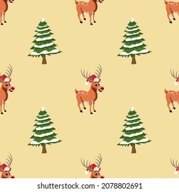 Navidad sin costuras con árboles y renos, patrón invernal con copos de nieve, creativo para textura de tela, envoltura, textil, papel pintado, ropa. Fondo de la ilustración del vector. Año nuevo.
