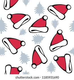 Christmas seamless pattern.  Christmas trees and Santas hats.