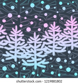 Christmas seamless pattern with Christmas trees and snowfall on a colored background. For gift design, Christmas card, wrapping paper, textiles, interior fabrics, wallpaper. Vector illustration.