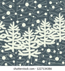 Christmas seamless pattern with Christmas trees and snowfall on a colored background. For gift design, Christmas card, wrapping paper, textiles, interior fabrics, wallpaper. Vector illustration.
