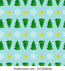 Christmas seamless pattern with christmas trees and snowflakes on blue background. Vector illustration. For web, wallpaper, wrapping paper, scrapbooking, for printing on clothes, textile, package.