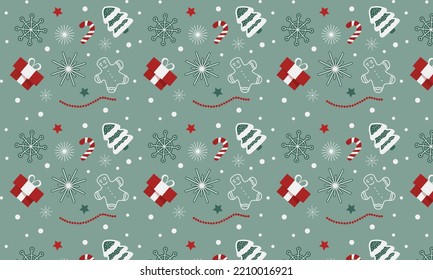 Christmas seamless pattern with trees, snowflakes, gift boxes, lollipop and gingerbread man. Festive composition for the New Year.