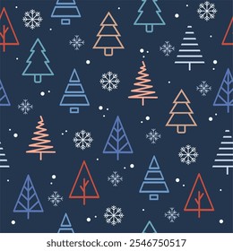Natal sem emenda padrão. árvores de Natal e flocos de neve. no fundo azul. Ilustração vetorial. Design para tecido, papel de embrulho para presente