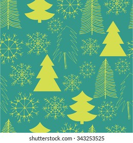 Christmas seamless pattern with Trees and Snowflakes on green background. Vector illustration.