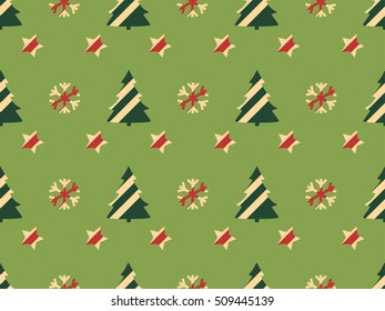 Christmas seamless pattern with Christmas trees, snowflakes and stars. Vector illustration.