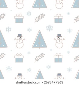 Natal padrão sem costura de árvores de Natal, um boneco de neve, um presente, e flocos de neve em tons cinzas e azuis no fundo branco. Modelo para decorações de Natal, embalagens, cartões postais e design de inverno