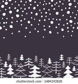 Christmas seamless pattern with trees and stars. Scandinavian style.  Winter holiday banner, poster, greeting card vector design element.
