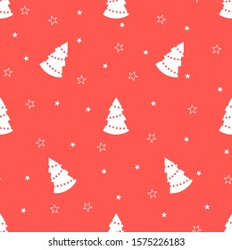 Christmas seamless pattern with christmas trees and stars on red background. Vector illustration. For web design, wallpaper, wrapping paper, scrapbooking, for printing on clothes, textile, package.