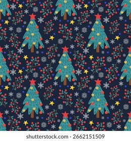 christmas seamless pattern with christmas trees stars and snowflakes