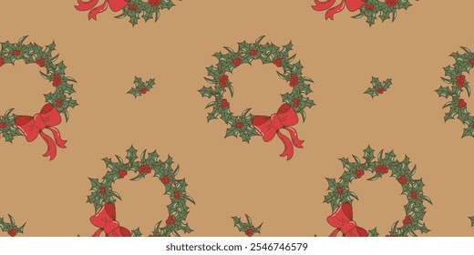 Christmas seamless pattern in trendy hippie groovy style. Christmas wreath vector illustration.