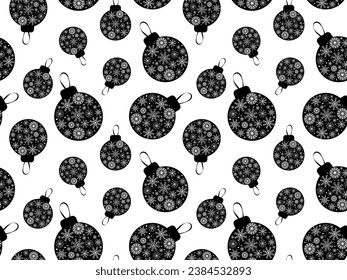 Christmas seamless pattern with trendy snowflakes in Scandinavian style and Christmas balls on a white background. Christmas tree decorations with snowflakes inside the balls. Vector illustration for