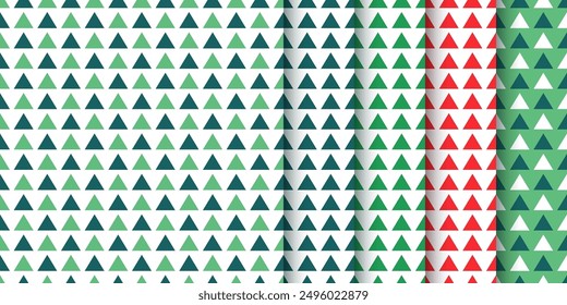 Christmas seamless pattern with triangles. Red green background. Xmas New year wrapping paper. Holiday texture. Set festive prints. Vector illustration. Collection geometric backdrops