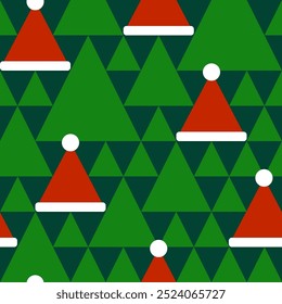 Natal padrão sem emenda com triângulos e chapéu de Papai Noel. Estilo plano. Modelo para design de feriados de inverno. Ilustração vetorial