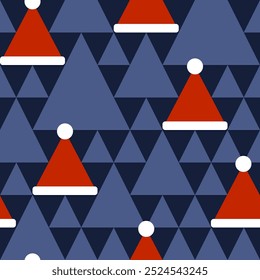Natal padrão sem emenda com triângulos e chapéu de Papai Noel. Estilo plano. Modelo para design de feriados de inverno. Ilustração vetorial