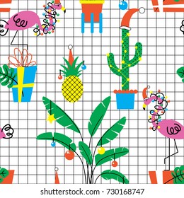 Christmas seamless pattern with tropical plants and flamingos in hats