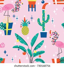 Christmas seamless pattern with tropical plants and flamingos in hats