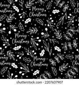 Patrón ininterrumpido de Navidad con ramitas, bayas, hojas, estrellas en un fondo negro