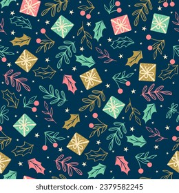 Christmas seamless pattern with twigs, berries, leaves and gift boxes 