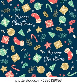 Christmas seamless pattern with twigs, berries, leaves, gift boxes and candy cane 