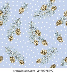 Christmas seamless pattern, twigs with cones, white snow, light blue background. Vector illustration. Nature design. Season greeting. Winter holidays
