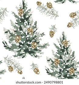 Christmas seamless pattern, twigs with cones, green fir trees, snow, white background. Vector illustration. Nature design. Season greeting. Winter holidays