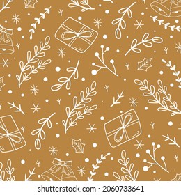 Christmas seamless pattern. Twigs, leaves, berries. Vector illustration.  Greeting  paper