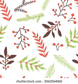 Christmas seamless pattern with twigs on a white background.