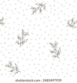 Christmas seamless pattern, twigs, snow, white background. Vector illustration. Nature design. Season greeting. Winter holidays