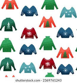 Christmas seamless pattern with ugly jumpers in cartoon style