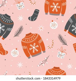 Christmas seamless pattern with ugly sweater. Woolen winter clothes and traditional festive elements and decoration. Flat vector colorful illustration.